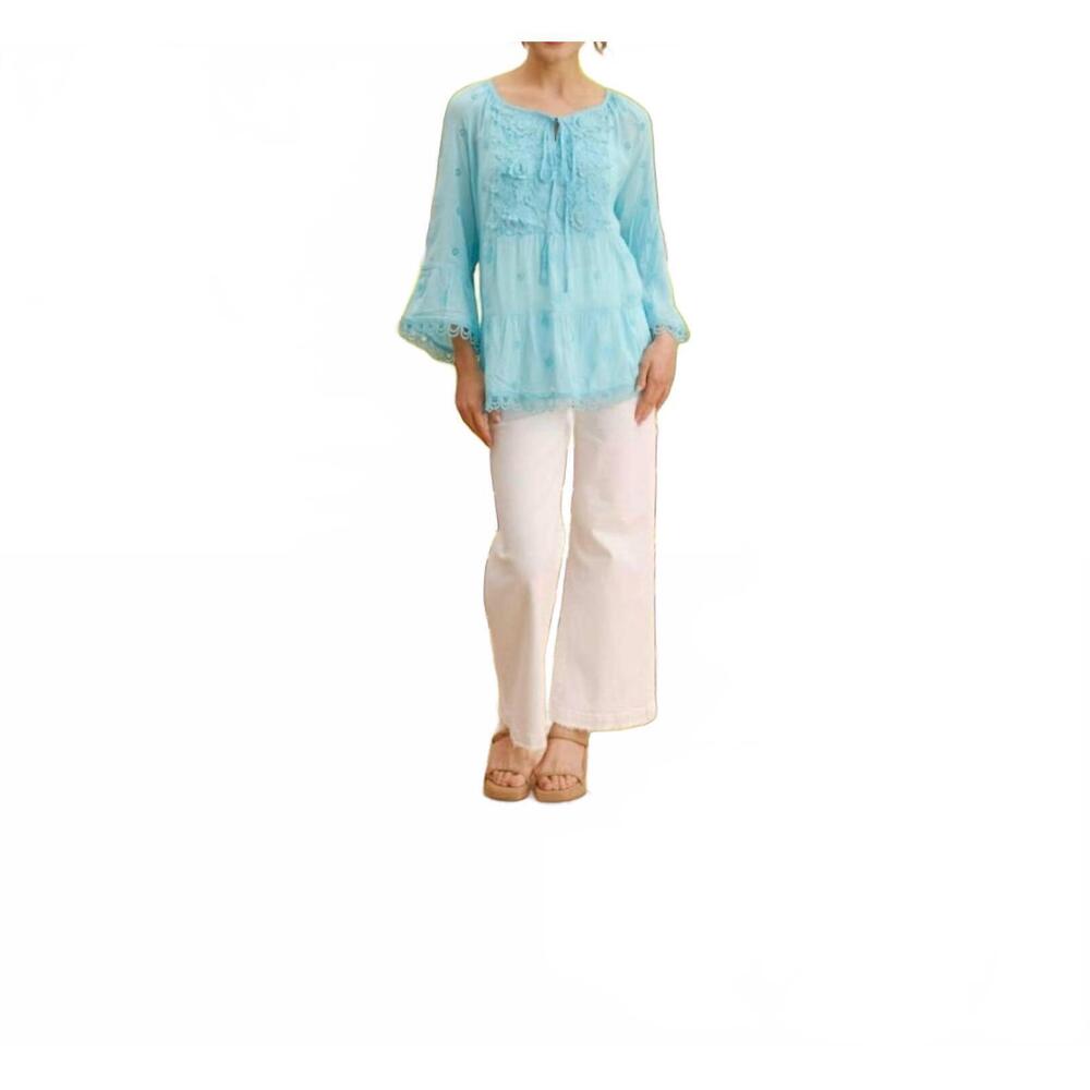 NEW FASHION CONCEPTS fancy border quarter sleeve top in aqua